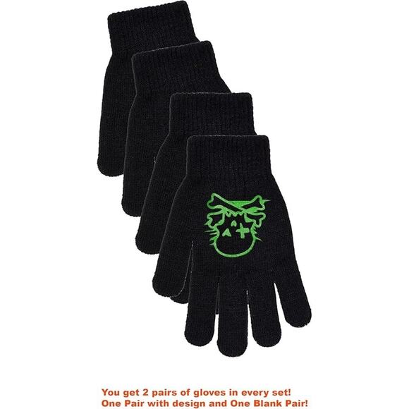 Boys 2 pairs of Gloves: 1-Halloween AND 1-Black ( Skull/X-bones Green) - Picture 1 of 3